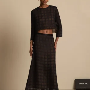 Ren Siden Dam Texturerad Rutigt Crop Blus & A-Linje Lång Kjol Set