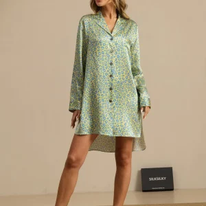 19Momme Ren Siden Dam Nattskjorta med Leopardmönster och High-Low- fåll