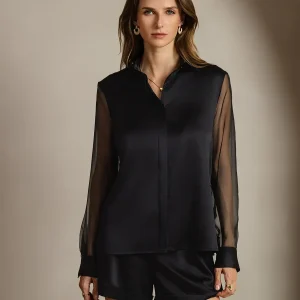 19Momme Siden Militärkrage Transparenta Ärmdetaljer Skjorta