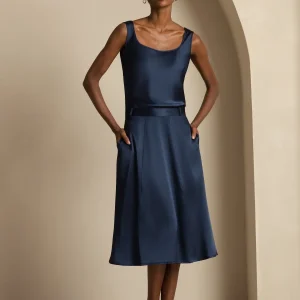 19 Momme Siden Midikjol Med Hög Midja I A Linje Med Fickor