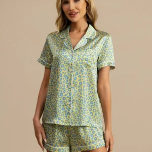 19Momme Ren Siden Dam Leopardmönster Kortärmad Knäpp Pyjamas Set