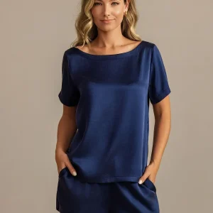 19Momme Dam Silke Kortärmad Rundhals Pyjamas Set med Sidfickdesign