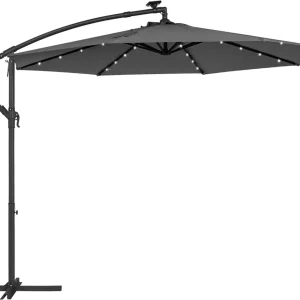 Cantilever Trädgårdsparasoll med Soldrivna Led-lampor, 3 M Bananparaply med Bas, Grå