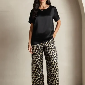 Dam Pure Silk Kortärmad Rundhals Enfärgad Topp Och Leopardmönstrad Byxa Pyjamas Set