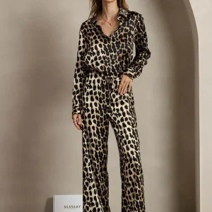 19Momme Dam Siden Leopardskriv Tryckt Knapp-Up Skjorta Och Vida Byxor Set