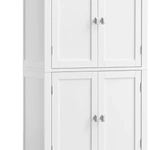 Badrumsskåp, Badrumsförvaring, Köksskåp, Fristående Skåp med 4 Dörrar, Justerbara Hyllplan, 30 X 60 X 110 Cm, Vit