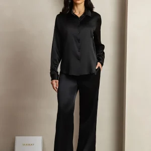 19Momme Siden Skjorta Med Knappar & Byxor Med Vida Ben Set