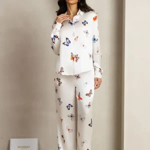 19Momme Dam Siden Vit Fjärilsprint Knapp-Up Skjorta Och Vida Byxor Set