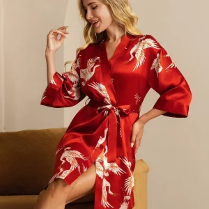 19Momme Pure Silk Crane Print Bälte Wrap Kvinna Kimono Robe