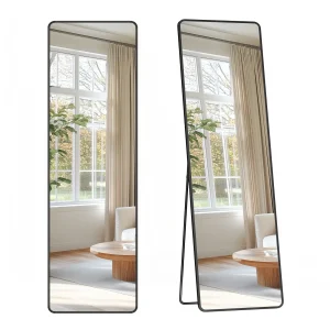Helkroppsspegel, 150 x 40 cm, rektangel med stativ, aluminiumram, bläcksvart
