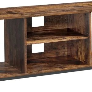 TV-bänk för TV upp till 60 tum, TV-skåp med öppna hyllor, rustik brun och svart