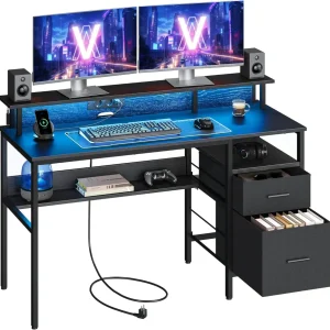 Datorbord med skärmstativ, LED-belysning, 55 x 135 x 90 cm, Ebenholtssvart