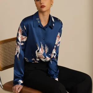 19 Momme Ren Siden Dam Blus Langarm Slagkrage Trana Tryck Med Knappar