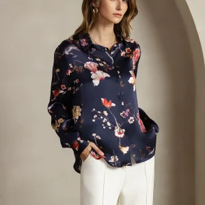 19Momme Siden Marin Blommönster Långärmad Vändkrage Damblus