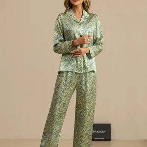 19Momme Ren Siden Dam Leopardmönster Långärmad Knäpp Pyjamas Set
