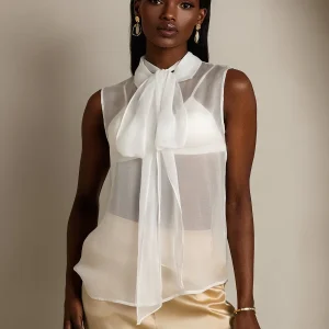 Ärmlös Genomskinlig Damlblus i Ren Sidenchiffong med Knythals