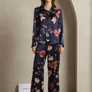 19Momme Dam Siden Marin Blommönster Knapp-up Skjorta Och Vida Byxor Set