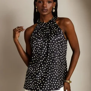 19Momme Ärmlös Halternecktop I Siden Med Prickigt Mönster För Kvinnor