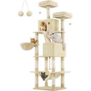 Stor kattskrapstolpe, 206 cm hög, XXL kattträd, 2 grottor, korg, hängmatta, beige
