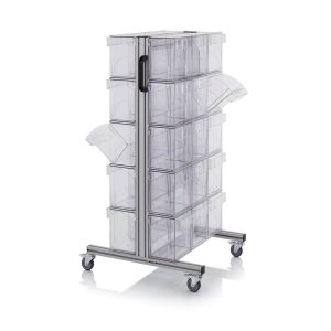 Mobilt backställ med 30 st transparenta vipplådor