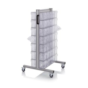 Mobilt backställ med 70 st transparenta vipplådor